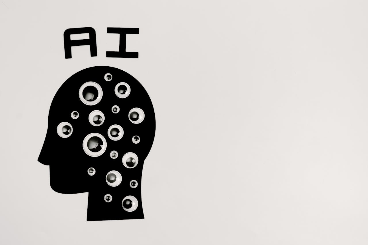 产品 Abstract illustration of AI with silhouette head full of eyes, symbolizing observation and technology.